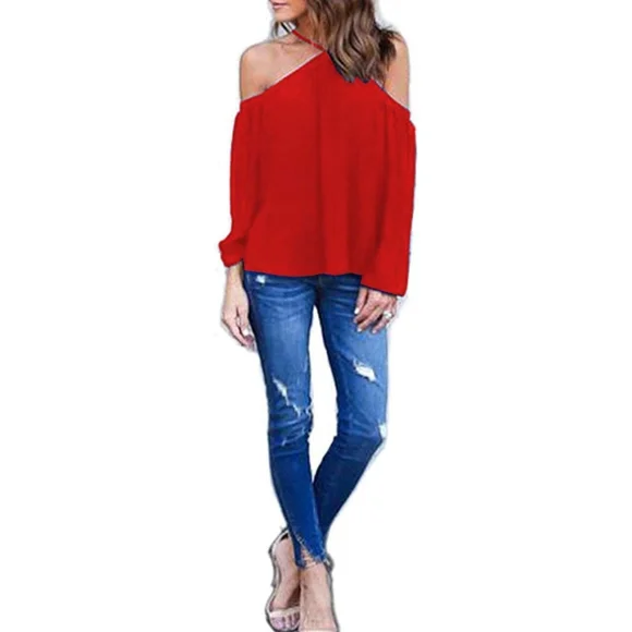 Vemvan Women's Spaghetti Halter Off The Shoulder Blouse Long Sleeve Shirt Tops - Picture 3 of 4